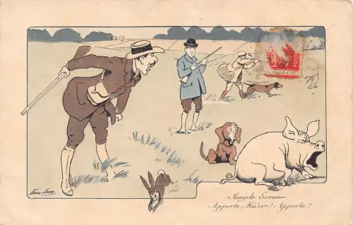 L081 Comic Jäger Hund Schwein Hase Xavier Sager signiert Vintage Postkarte