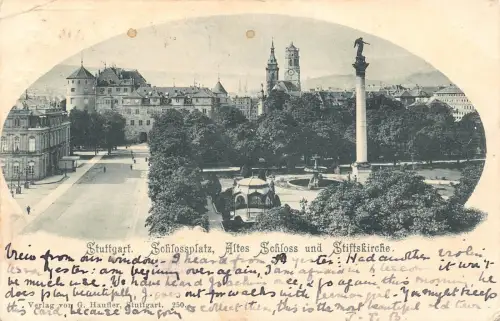 L015 Deutschland 1900 Stuttgart Schlossplatz Statue Vintage Postkarte