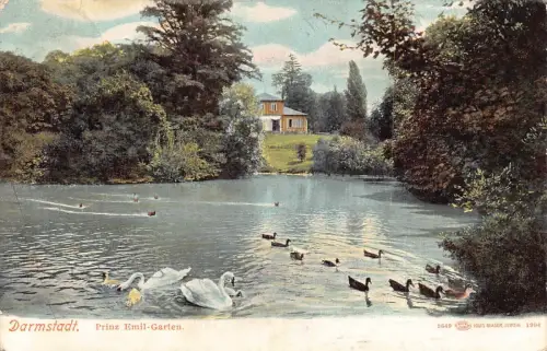 A099 Deutschland 1911 Darmstadt Prinz Emil Garten Garten Schwäne Enten See Postkarte