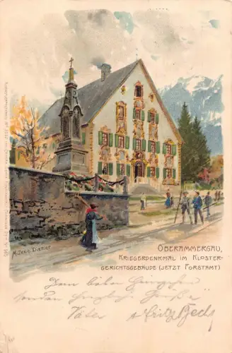 A100 Deutschland 1906 Oberammergau Kriegerdenkmal Künstlerkarte Schild Diemer Postkarte