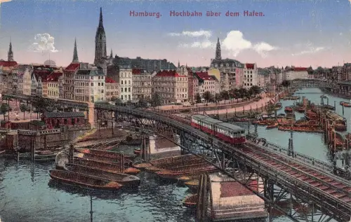 L015 Deutschland Hamburg Hochbahn ueber dem Hafen Train Vintage Postkarte