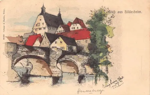 L015 Deutschland Gruss aus Hildesheimer Brücke Litho Vintage Postkarte