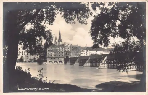 L197 Deutschland 1938 Wasserburg eine Innbrücke Vintage Postkarte