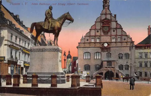 L015 Deutschland 1924 Plauen Rathaus König Albert Denkmal Statue Vintage Postkarte