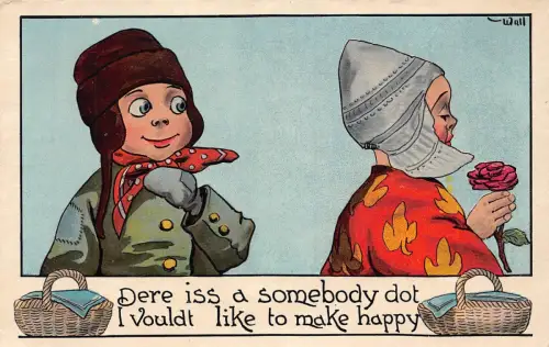 Liebesromantik Holländischer Junge sucht Holländisches Mädchen Rose Blumenkorb Postkarte