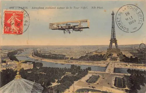 L027 Frankreich 1913 französischer Doppeldecker über Paris Eiffelturm Vintage Postkarte