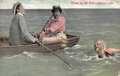 Comic Humor 1912 Unten am Meer Fischer haken einen Mann Boot Postkarte