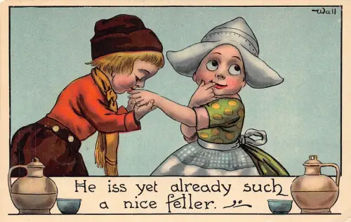 Liebesromantik niederländischer Junge küsst Mädchenhand so eine schöne Feller Keramik Postkarte