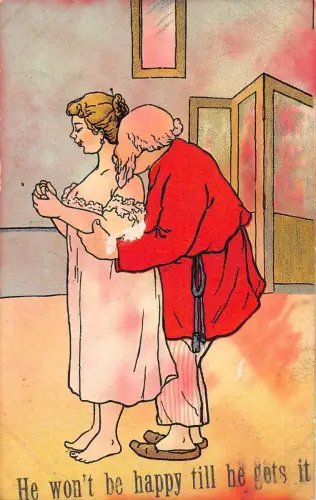 Comic Humor Alter Mann umarmt Frau wird nicht glücklich sein, bis er es bekommt Postkarte