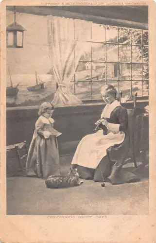 Kindheit Happy Days Katze Mädchen Häkeln Vintage Postkarte