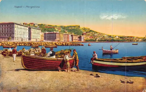 C081 Italien Napoli Mergellina Fischer Boote Angeln Vintage Postkarte