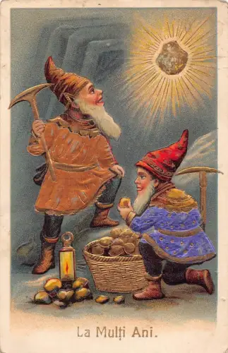 G008 Rumänien Neujahr Bergbau Goldzwerg Gnom Geld Glück Prägepostkarte
