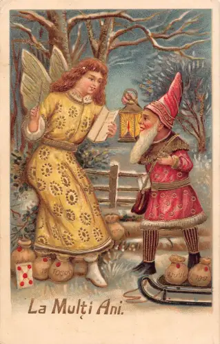 G008 Rumänien Neujahr Cherub Engel Zwerg Wichtel Geldsack Glück Prägepostkarte