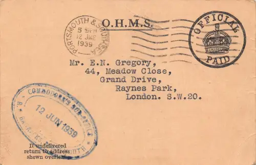 A975 England 1939 Writer and Supply Probationers Portsmouth Postal Stationery