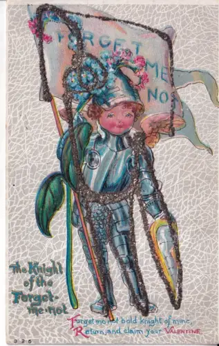 A964 Ritter des Vergissmeinnicht Blumen Junge geprägt Glitzer Neuheit Postkarte