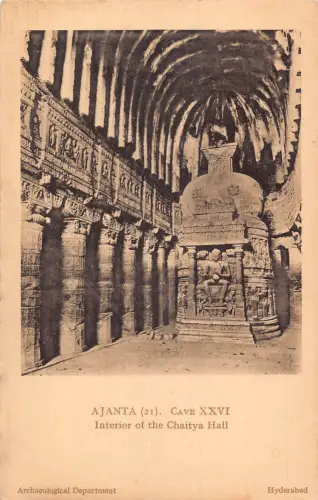 A954 Indien Ajanta Höhle XXVI Innenraum der Chaitya Hall Vintage Postkarte