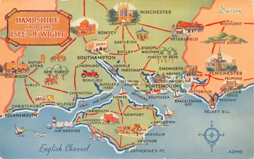 A952 England Touristische Karte von Hampshire und Isle of Wight Vintage Postkarte