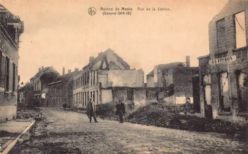 A976 Belgien Ruines de Menin WWI Katastrophenbombardement Rue de Station Postkarte