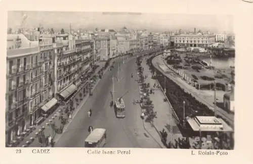 A967 Spanien Cadiz Calle Isaac Peral Straßenbahn RPPC Vintage Postkarte
