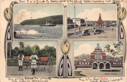 A985 Südafrika 1908 Durban Riksha Jungen Dampfschiff Jugendstil Tulpen Postkarte