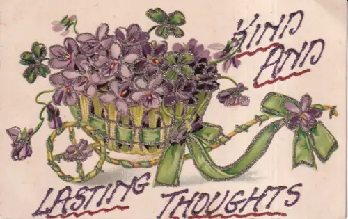 A964 Neuheit Glitzer Grüße Violett Korb Blumen Vintage Postkarte