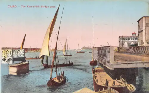 A940 Ägypten Kasr-el-Nil Brücke offen Segelboot Vintage Postkarte