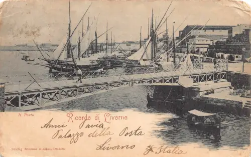A957 Italien 1901 Hafen Ricordo di Livorno Bootsbrücke Vintage Postkarte
