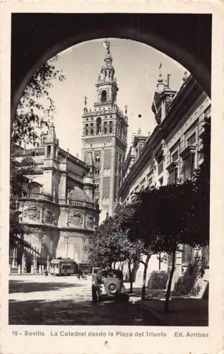 A955 Spanien 1953 Sevilla Kathedrale Plaza del Triunfo Auto RPPC Vintage Postkarte