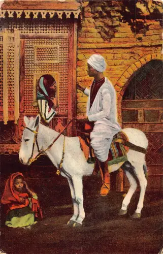 A939 Ägypten Ureinwohner Familie Mann reitet Esel Junge ethnisch Vintage Postkarte