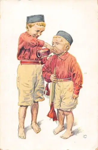 A979 Satire Tschechische Jungen Pioniere Uniform Gewehr Trinkflasche Chlad Pijaci Postkarte