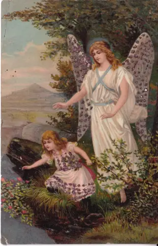 A964 Neuheit Glitzer Schutzengel kümmert sich um kleines Mädchen Vintage Postkarte