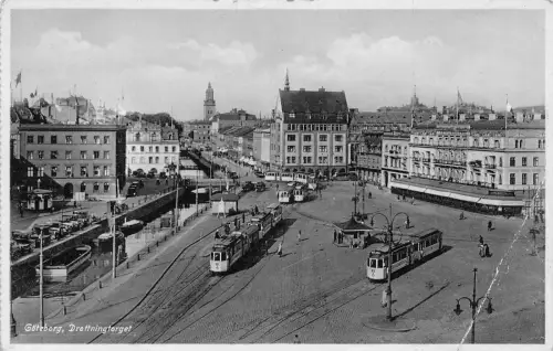 A977 Schweden 1936 Goeteborg Drottningtorget Straßenbahnen Vintage Postkarte