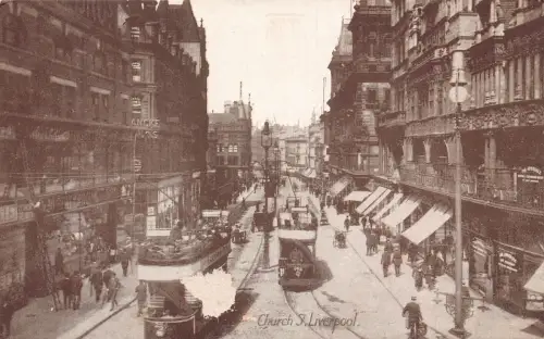 A951 England Liverpool Church Street Doppeldecker Straßenbahn Geschäfte Vintage Postkarte