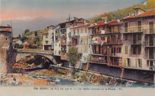 C064 Frankreich Sospel Les vieilles maisons sur la Bevera Vintage Postkarte