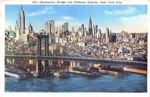 A970 US Manahattan Bridge und Midtown Skyline New York City Vintage Postkarte