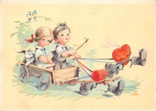 Liebesromantik vermenschlichte Herzen ziehen Kinder und Hundewagen Postkarte B734