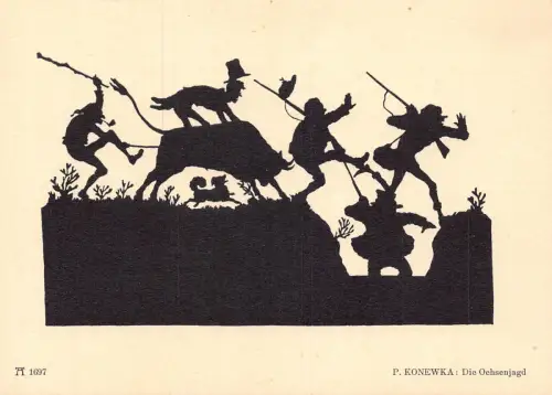 Silhouette Kunst von P Konewka Die Ochsenjagd Jäger Stiergewehre Postkarte B731