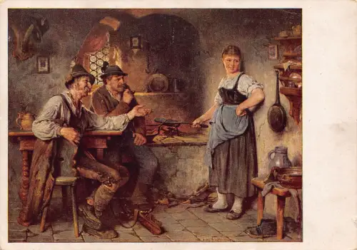 Kunst von Hugo Kaufmann Auf der Alm Männer flirten mit Kochin Frau Postkarte B740