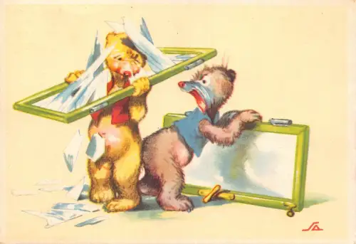 Comic Humor Humanisierte Teddybären Zerbrochenes Fenster Vintage Postkarte B733