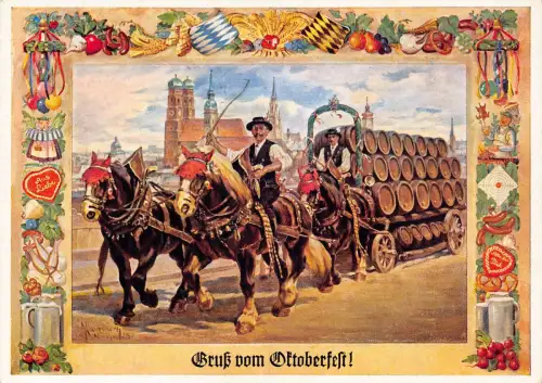 Gruss vom Oktoberfest Fasskutsche Bier Essen Motive Postkarte B732