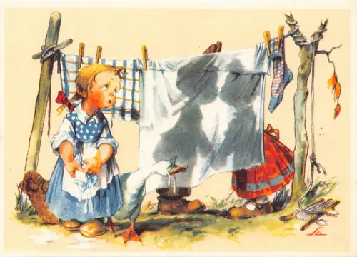 Kinder weinendes Mädchen und vermenschlichtes Entenwäschepaar küsst Postkarte B733