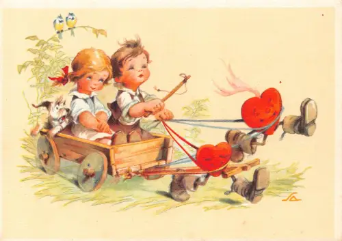 Liebesromantik vermenschlichte Herzen ziehen Kinder und Hundewagen Postkarte B733