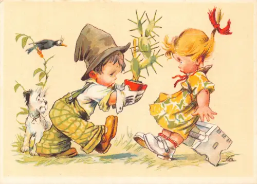 Comic Humor Gärtner Junge bietet erschrecktes Mädchen Kaktus Hund Postkarte B733