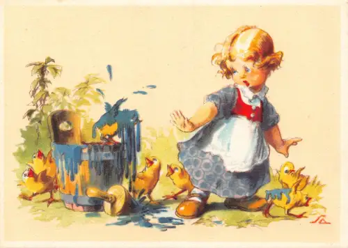 Kinder Mädchen freche humanisierte Küken spielen in Farbe Vintage Postkarte B737