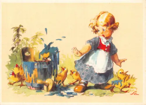 Kinder Mädchen freche vermenschlichte Küken spielen in Farbe Vintage Postkarte B738