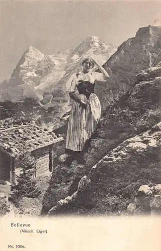 A973 Schweiz Bellevue Mönch Eiger Frau Tracht Volk Postkarte
