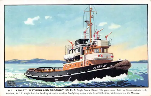 L519 MT Kenley Liegeplatz und Feuerwehr Schlepper Schiff Vintage Postkarte
