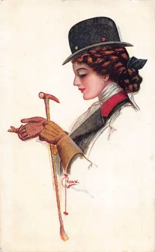 L519 Art Deco Glamour Lady Handschuhe Stockmütze 1910 Vintage Postkarte