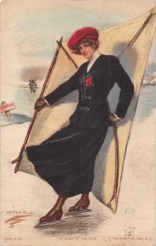 L519 Art Deco Glamour Lady Skating by Lester Ralph 1914 Vintage Postkarte