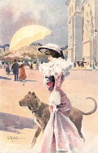 L519 Glamour Lady mit Regenschirm Hund von Balestrieri Vintage Postkarte